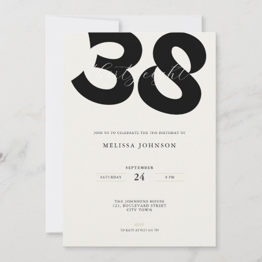 Minimal 38th Birthday Invitation - Bold Typo 招待状 (正面)