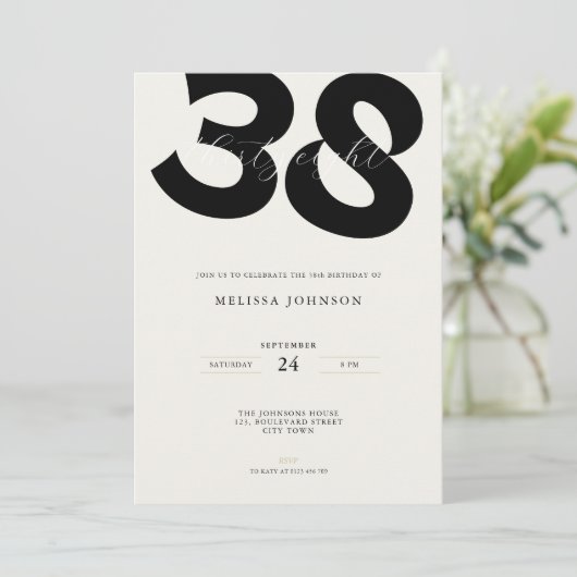 Minimal 38th Birthday Invitation - Bold Typo 招待状 (スタンド正面)