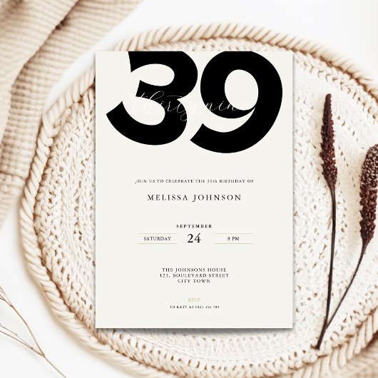 Minimal 39th Birthday Invitation - Bold Typo 招待状
