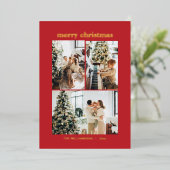 Minimal 3 Photo Collage Merry Christmas Red Gold 箔シーズンカード (立ち正面)