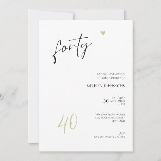 Minimal 40th Birthday Invitation Black and White 招待状 (正面)