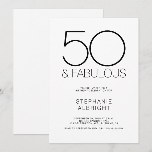 Minimal 50 and Fabulous 50th Birthday Party 招待状 (正面/裏面)