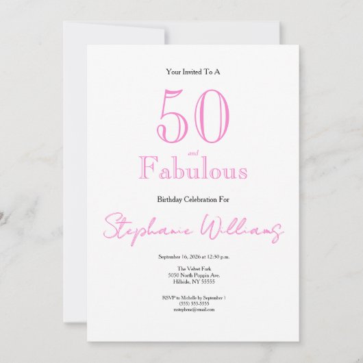 Minimal 50 and Fabulous Pink 50th Birthday 招待状 (正面)