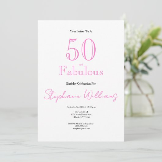 Minimal 50 and Fabulous Pink 50th Birthday 招待状 (スタンド正面)