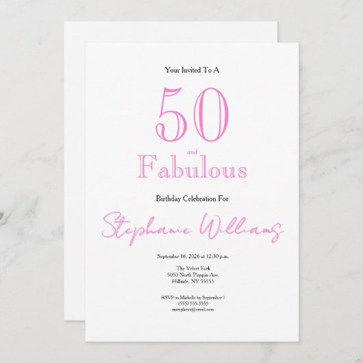 Minimal 50 and Fabulous Pink 50th Birthday 招待状 (正面/裏面)