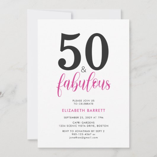 Minimal 50 and Fabulous Pink 50th Birthday Party 招待状 (正面)
