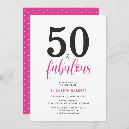 Minimal 50 and Fabulous Pink 50th Birthday Party 招待状 (正面/裏面)