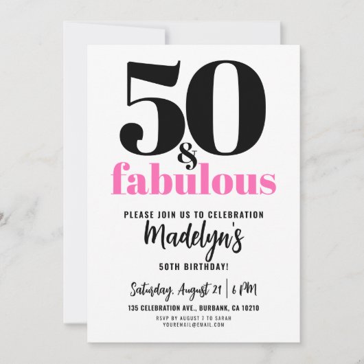 Minimal 50 and Fabulous Pink 50th Birthday Party 招待状 (正面)