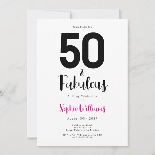 Minimal 50 and Fabulous Pink 50th Birthday Party 招待状 (正面)