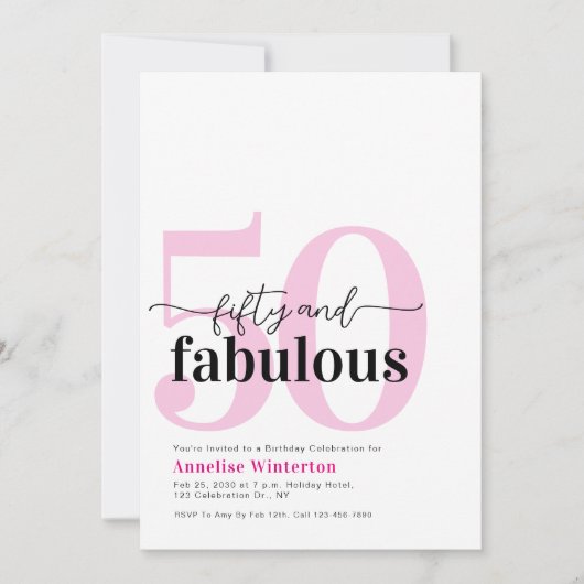 Minimal 50 and Fabulous Pink 50th Birthday Party 招待状 (正面)