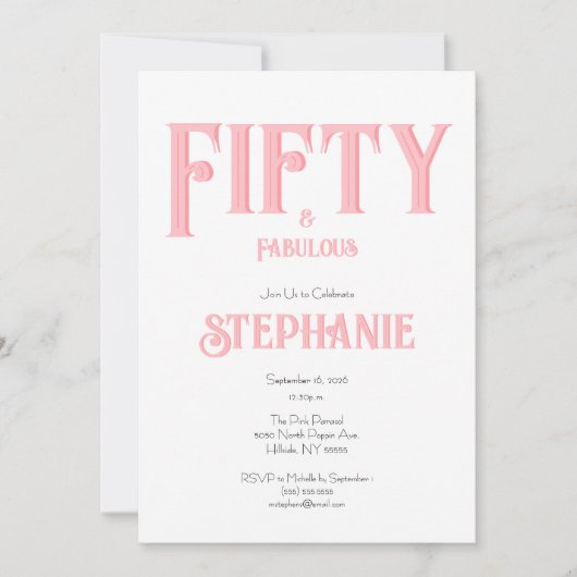 Minimal 50 and Fabulous Pink 50th Birthday Party 招待状 (正面)