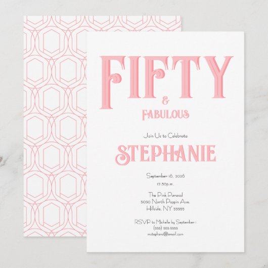 Minimal 50 and Fabulous Pink 50th Birthday Party 招待状 (正面/裏面)