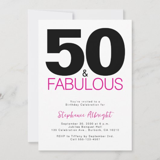 Minimal 50 and Fabulous Pink 50th Birthday Party I 招待状 (正面)