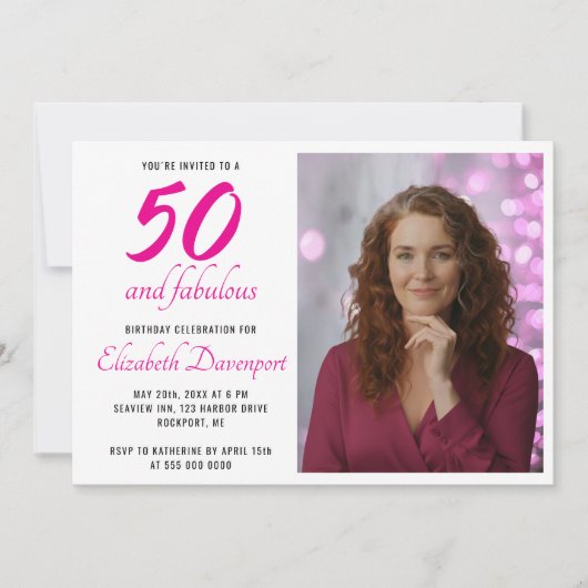 Minimal 50 and Fabulous Pink Photo Birthday 招待状 (正面)