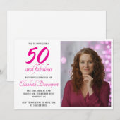Minimal 50 and Fabulous Pink Photo Birthday 招待状 (正面/裏面)