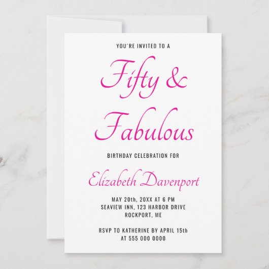 Minimal 50 and Fabulous Pink Photo Birthday 招待状 (正面)