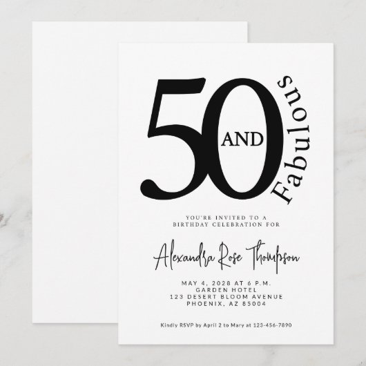 Minimal 50 and Fabulous Script 50th Birthday Party 招待状 (正面/裏面)