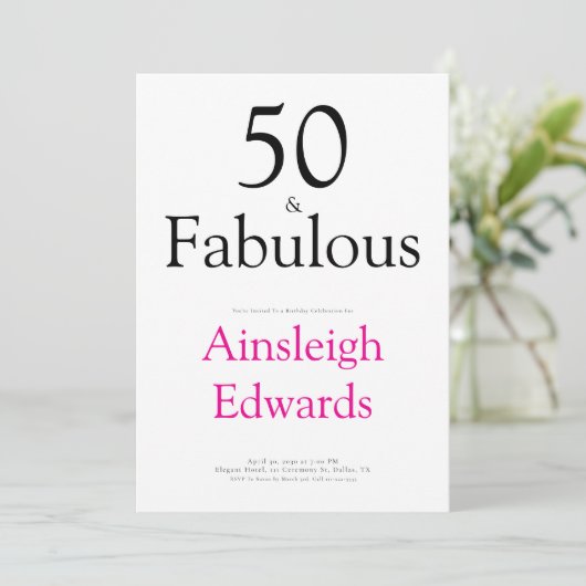 Minimal 50 & Fabulous Pink Fiftieth Birthday Party 招待状 (スタンド正面)