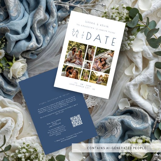 Minimal 7 Photo Wedding Collage ダスティブルー TLW26 ノートカード