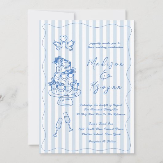Minimal and Chic Blue French Personalized Wedding  招待状 (正面)