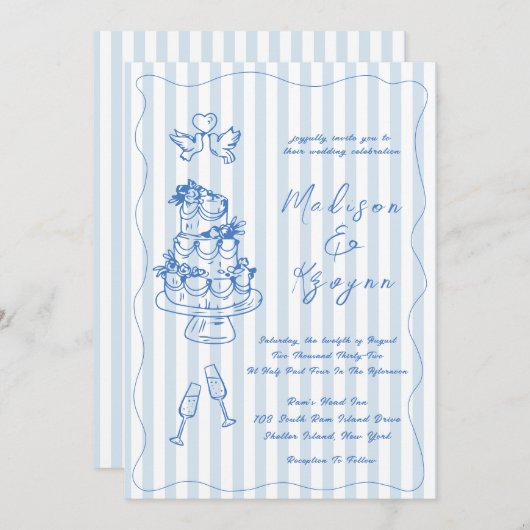 Minimal and Chic Blue French Personalized Wedding 招待状 (正面/裏面)