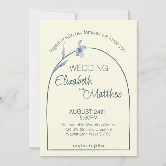 Minimal Arched Pale Blue Floral Cream Wedding 招待状 (正面)