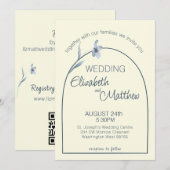 Minimal Arched Pale Blue Floral Cream Wedding 招待状 (正面/裏面)