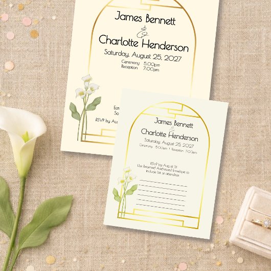 Minimal Art Nouveau Gold Arch Calla Lily Wedding 出欠カード