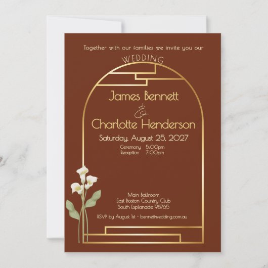 Minimal Art Nouveau Gold Arch Lily Rust Wedding 招待状 (正面)