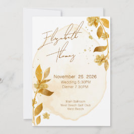 Minimal Autumn Golden Botanical Script Wedding 招待状