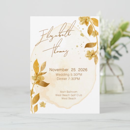 Minimal Autumn Golden Botanical Script Wedding 招待状 (スタンド正面)