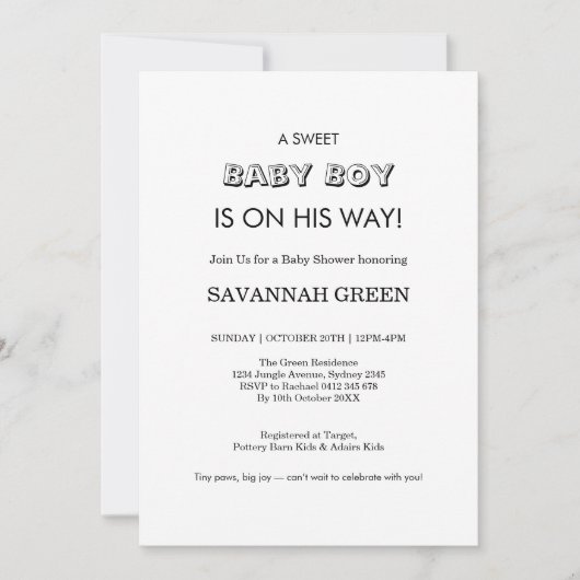 Minimal Baby Boy Shower Typography Design 招待状 (正面)