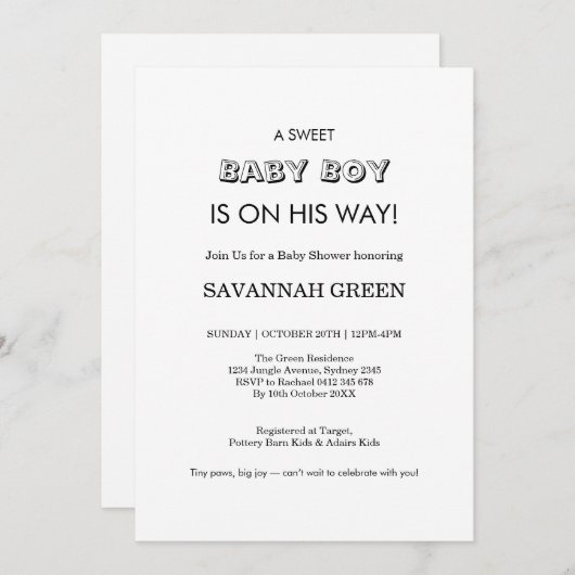 Minimal Baby Boy Shower Typography Design 招待状 (正面/裏面)