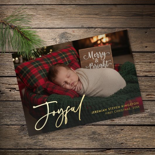 Minimal Baby First Christmas Joyful Photo 箔シーズンカード