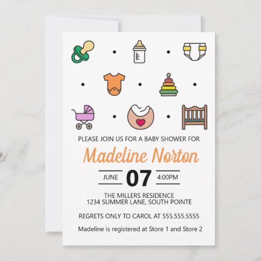 Minimal Baby Icons Baby Shower 招待状 (正面)