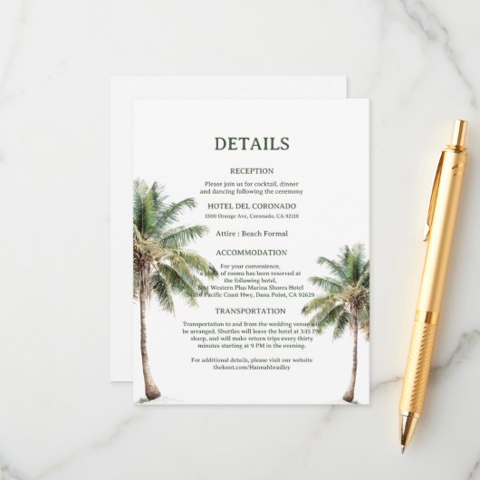 Minimal Beach Palm Trees Wedding Details Card エンクロージャーカード (正面/裏面インサイチュ)