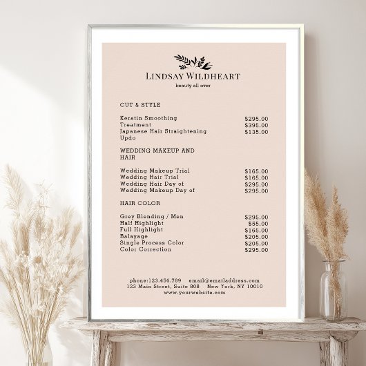 Minimal Beige Botanical Salon Price List Poster ポスター