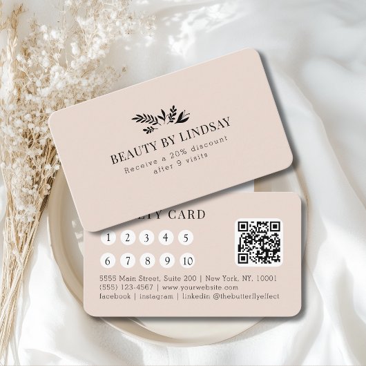 Minimal Beige Botanical Salon QR-Code Loyalty 名刺