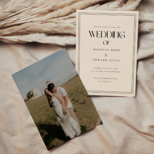 Minimal Beige Ivory Bold Typography Wedding Photo 招待状