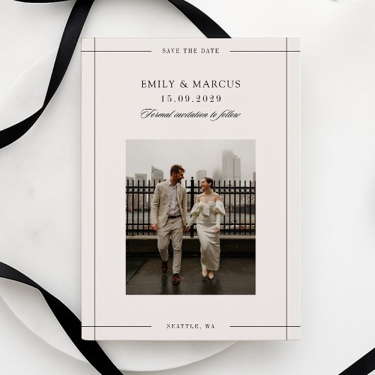 Minimal beige modern border photo save the date 招待状