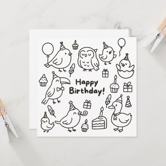 Minimal Bird Doodle Birthday Card カード (正面/裏面インサイチュ)