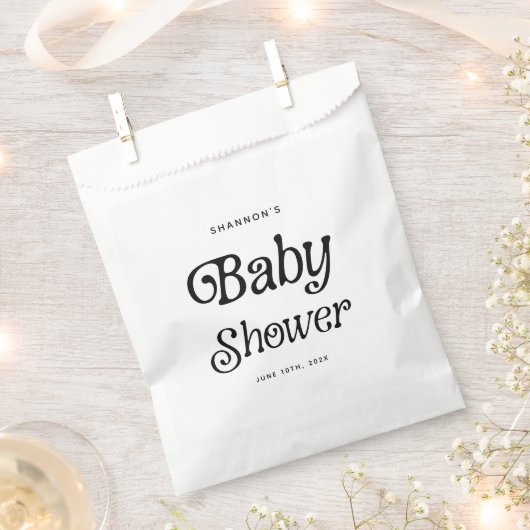 Minimal Black and White Retro Baby Shower フェイバーバッグ (クリップ留めされた状態)