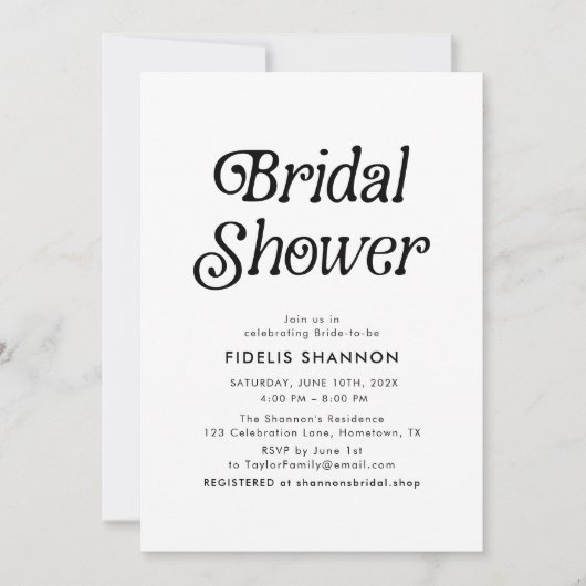 Minimal Black and White Retro Bridal Shower 招待状 (正面)