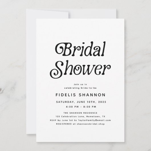 Minimal Black and White Retro Bridal Shower 招待状 (正面)