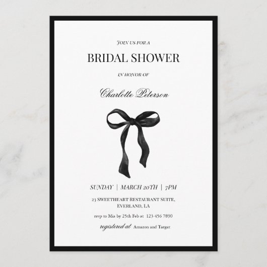 Minimal Black Bow Bridal Shower Invitation 招待状 (正面)