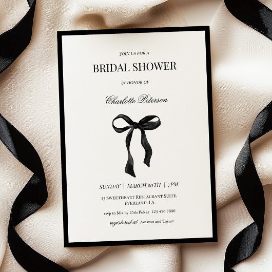 Minimal Black Bow Bridal Shower Invitation 招待状