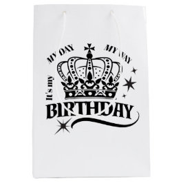 Minimal Black Crown Birthday Typography White ミディアムペーパーバッグ