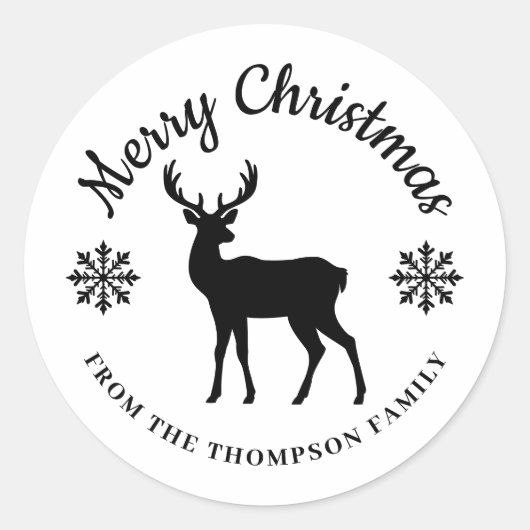 Minimal Black Deer And Snowflakes Merry Christmas ラウンドシール (正面)