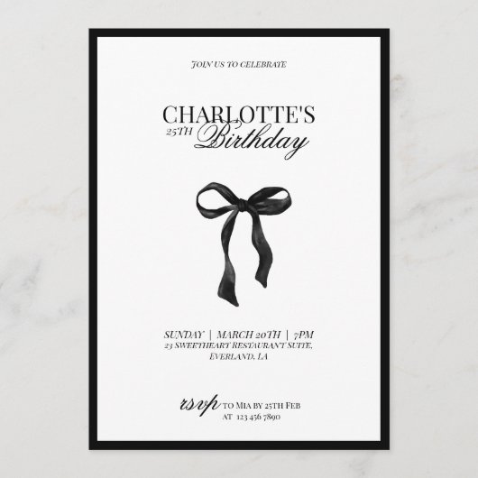 Minimal Black & White Bow Birthday Invitation 招待状 (正面)