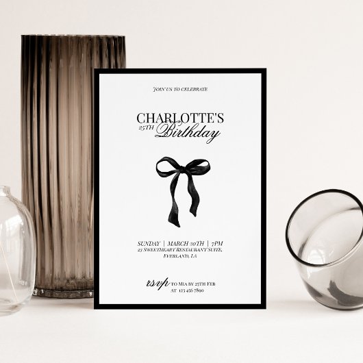 Minimal Black & White Bow Birthday Invitation 招待状